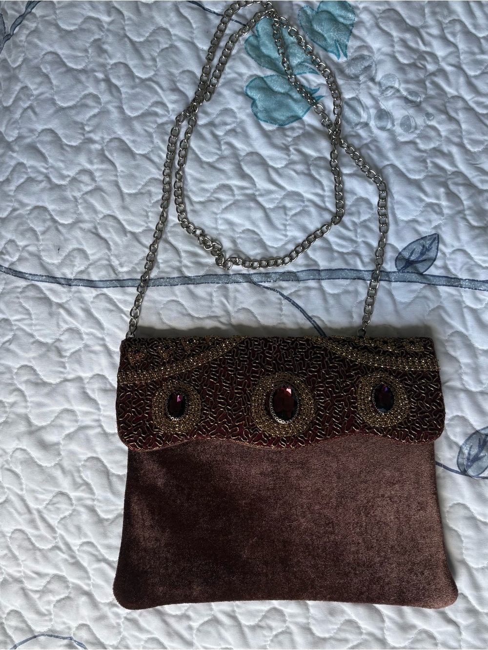 Brown y2k-inspired bejeweled purse